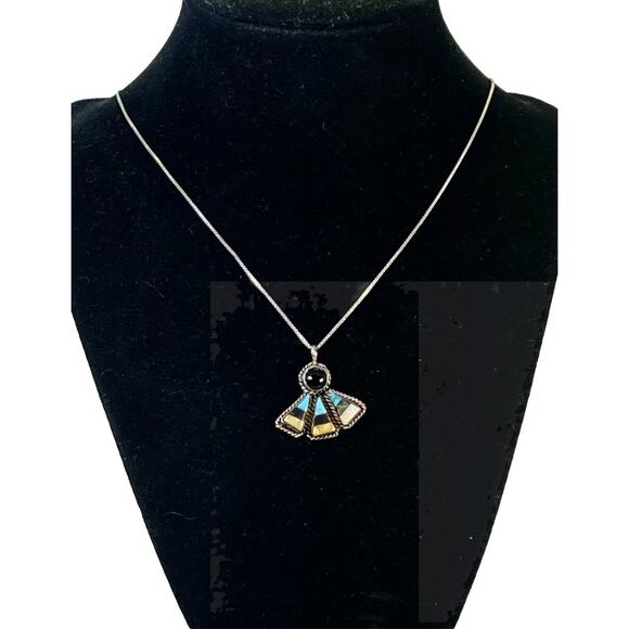 Native American Jewelry - Vintage Navajo Sterling Silver Turquoise Onyx & Coral Pendant Necklace - 19”